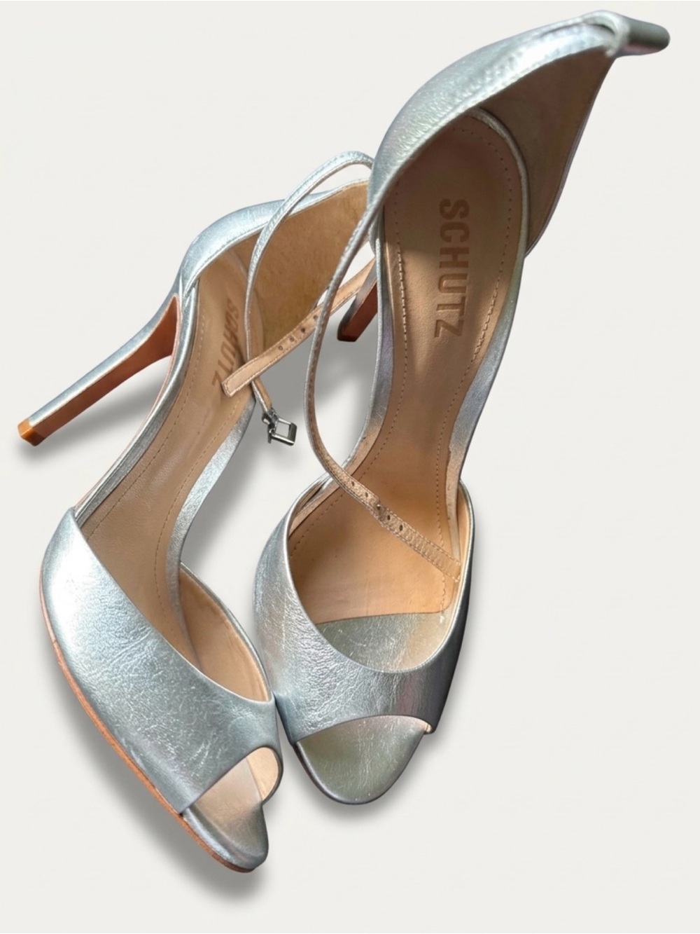 SCHUTZ Metallic Silver Open-Toe Ankle-Strap Stilettos